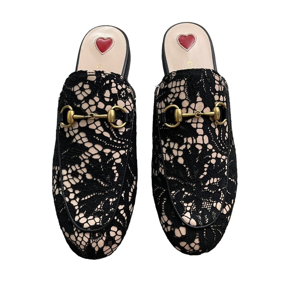 NEW Gucci Princetown Lace Horsebit Mules Flats Slide Black Size 36